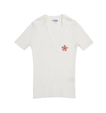 Pink Flower Dot Embroidery Short Sleeve Knit Collar Tee