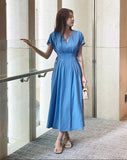 Javet V-Neck Pintuck Flare Long One Piece