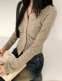 Tully Bokashi Shirring Ribbed Collar Button Long Sleeve Cardigan