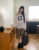 Elune Number Printed One-Off-Shoulder See-Through Long-Sleeve Knit