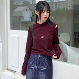 Muff shoulder slit ribbed color matching shirring crop long sleeve hood knit