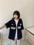 Naoki color matching lettering over short sleeve hood zip-up