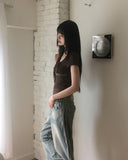 Binden side pin tuck back pocket wide denim pants