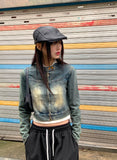 [MADE] Katsun Vintage Washing Two-Way Zipper No Collar Crop Denim Jacket