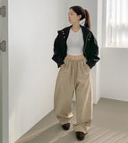 Two-Way Hem Snap Banding Diagonal Cut Wide Fit Cotton Pants