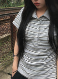 Weedon Shirring Stripe Collar Short Sleeve T-shirt