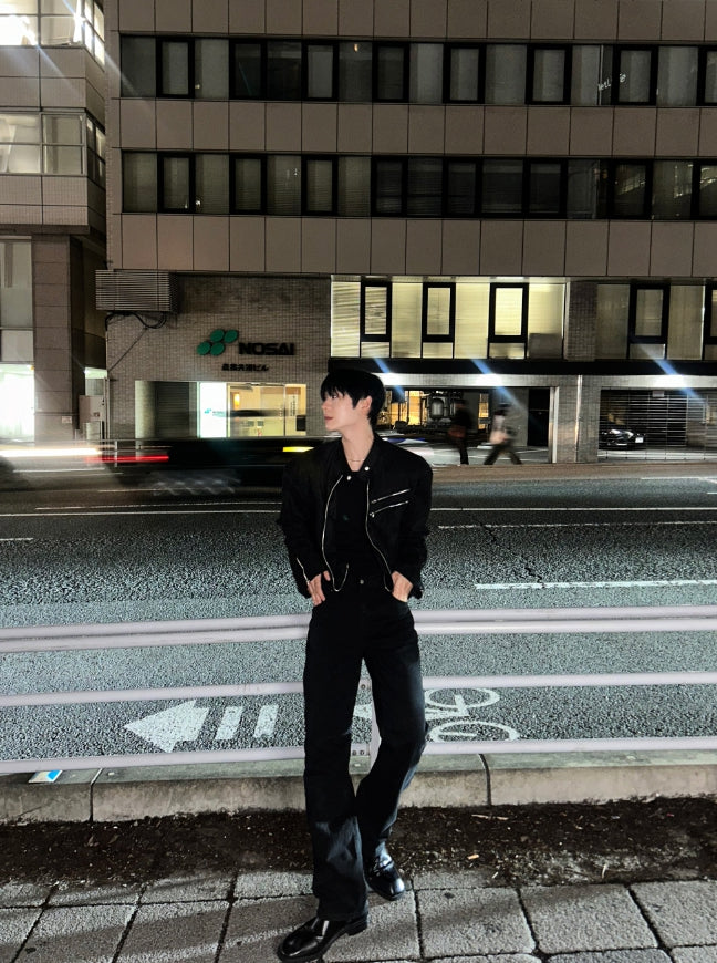 【COSYHARU】Double Zipper Tweed Suede Biker Jacket Crop ver COSYHARU (コシハル) - ザツビーダブルジッパーツイードスエード