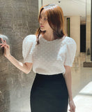 Bullet-Dot Wrinkle Jacquard Puff Sleeve Tee-Blouse