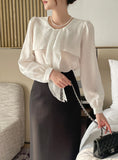 Marron Volume Ribbon Puff Blouse