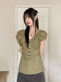 Blon V-Neck Shirring Pleated Puff Short Sleeve Blouse