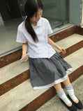 Karohi Sleeve Layered Check Shirring Midi Banding Skirt