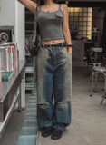 cross damage banding denim pants