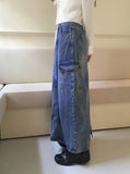 Pluck cut cargo pocket back band slit denim long skirt