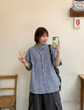 [unisex] Bubblet Stripe Linen Over Short Sleeve Shirt