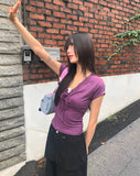 Dyeing V-neck Ribbon See-through Short Sleeve T-shirt