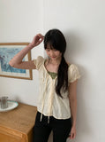 The Mill Shirring Ribbon Lace Short Sleeve Blouse