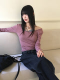Jitel Vintage Stripe Deep U Neck Long Sleeve T-Shirt