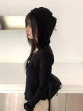 Evia Ttoto Button Slim Ribbed Hooded T-Shirt