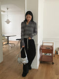 Near angora fur color matching stripe two-way diagonal zipper long sleeve knit