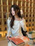 Cashier Button Off-Shoulder Unbalance Ribbon Knit