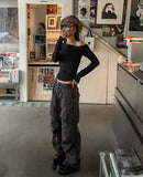 Tees Rib Button Unbalance Shoulder Long Sleeve