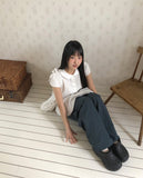 Kaea check color matching frill banding wide pants