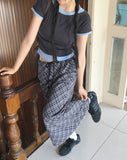 Daming Check Chiffon String Layered Long Skirt