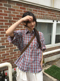 [unisex] Caraniel Check Roll-up Short Sleeve Shirt