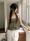 Folp button shirring cotton tank top tube top