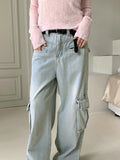 Washed Pocket Cargo Light Blue Long Wide Denim Pants