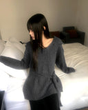 [Belt + Knit SET] Liha Open Collar Waistband Two-Way V-Neck Long Knit