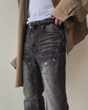Groove cat-washed rivet flare denim pants