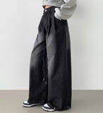 Big Two Pin Tuck Waist Adjustment Washing Maxi Wide Fit Hem Snap Denim Pants