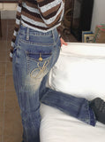 Kimman Y2K Crack Washing Gold Embroidery Long Bootcut Denim Pants