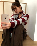 [Muffler SET] Phu Stripe Color Matching V-Neck Loose Fit Long Sleeve Long Knit