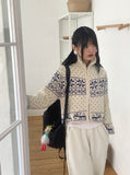 Sikok Snow Flower Nordic Pattern Two-Way Knit Zip-Up Cardigan
