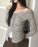 Tsupol Bokashi Collar Off-shoulder Button Brushed T-shirt