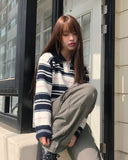 Nobin Stripe Color Matching Collar Long Sleeve Knit