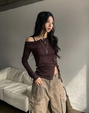 NP Slit Strap Unbalance Shoulder Long Sleeve
