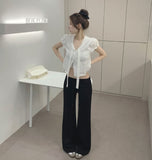 Petite Tie Puff Sleeve Crop Short Sleeve Blouse