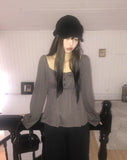 GL Flower Button Shirred Square Long Sleeve T-shirt