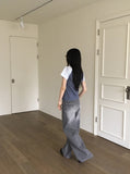 Watone Back Cut Washing Gray Long Wide Denim Pants