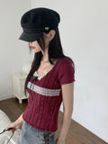 Killlove Vintage Lace Deep U-Neck Crop Short Sleeve Knit