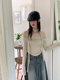 [Scarf set]  Kenin Shirring Pleated Off-Shoulder Crop Long Sleeve T-shirt