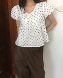 Newon Dot Lace Ribbon Short Sleeve Blouse