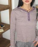 Pao Stripe Snap Button Color Matching Long Sleeve Hooded T-Shirt