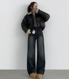 Basic Wide Fit Washing Banding Span Heated Fabric Brushed Denim Pants