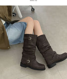 Two-way Buckle Shirring Slit Middle Boots