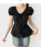 Balloon Soft Fit Ribbon Strap Short Sleeve Blouse