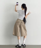 Folding Pin Tuck Back Pocket Bermuda Shorts Cotton Pants